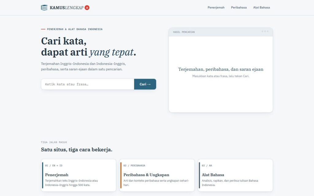 KamusLengkap.ID homepage showing Indonesian language search and tool cards