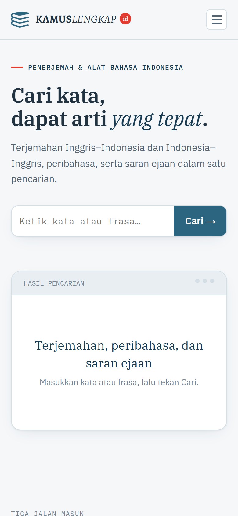 KamusLengkap.ID mobile homepage with search and language tools