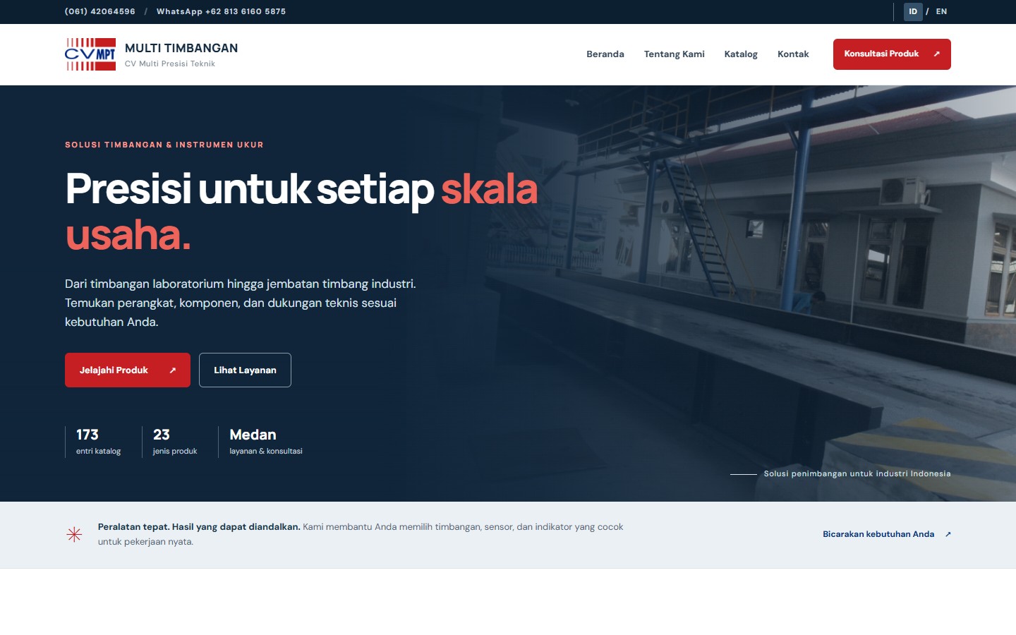 Multi Timbangan desktop homepage showing industrial weighing equipment and product consultation links