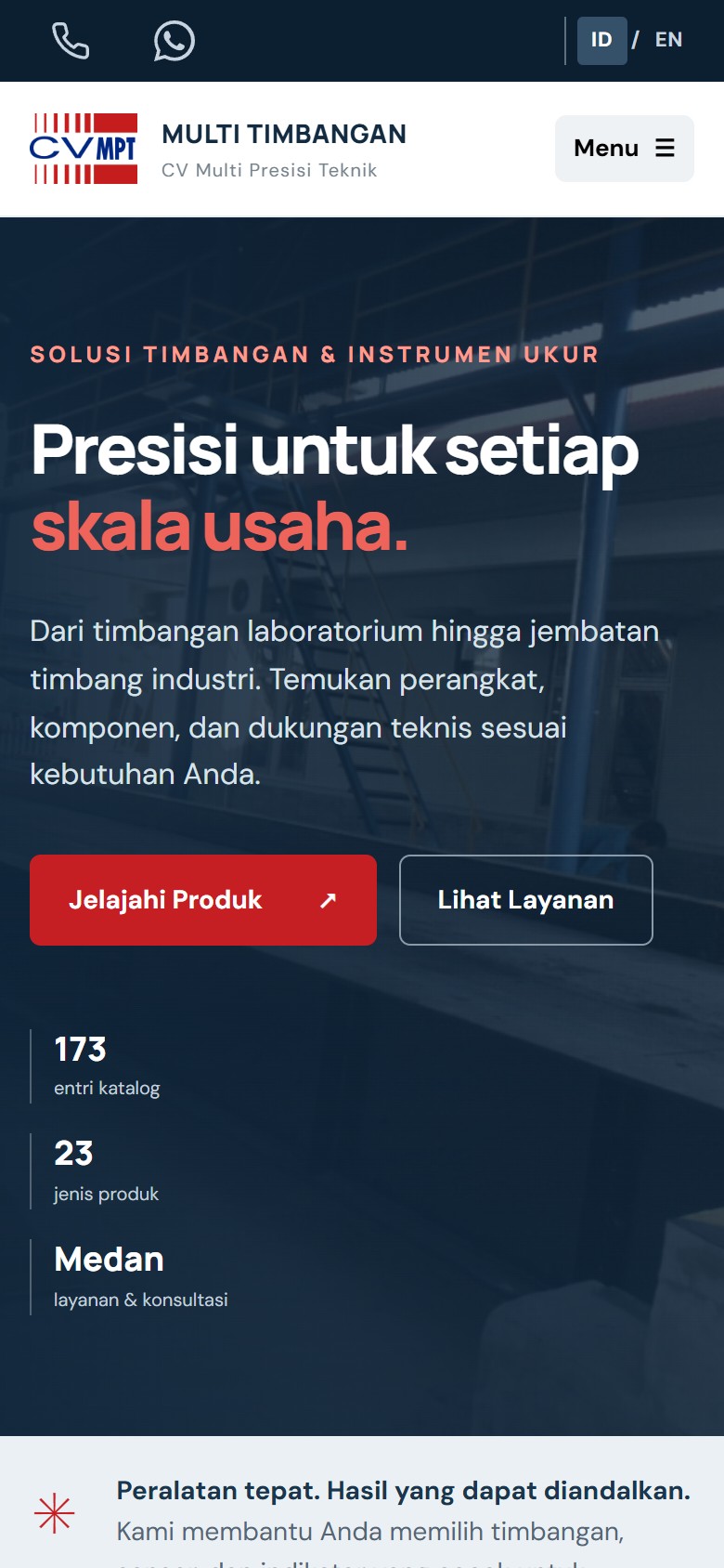 Multi Timbangan mobile homepage showing industrial weighing equipment and product consultation links