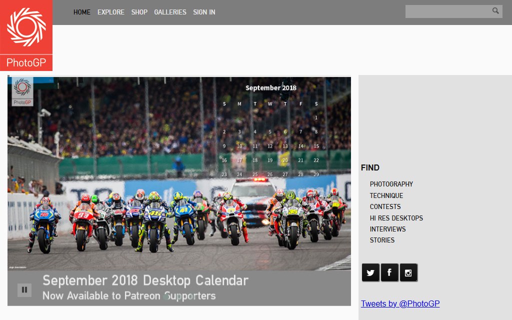 Photo.GP desktop homepage showing motorcycle racing photography and editorial content