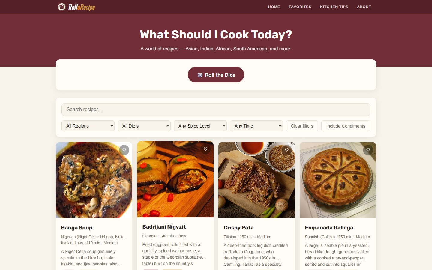 RollaRecipe homepage showing recipe discovery controls and food cards