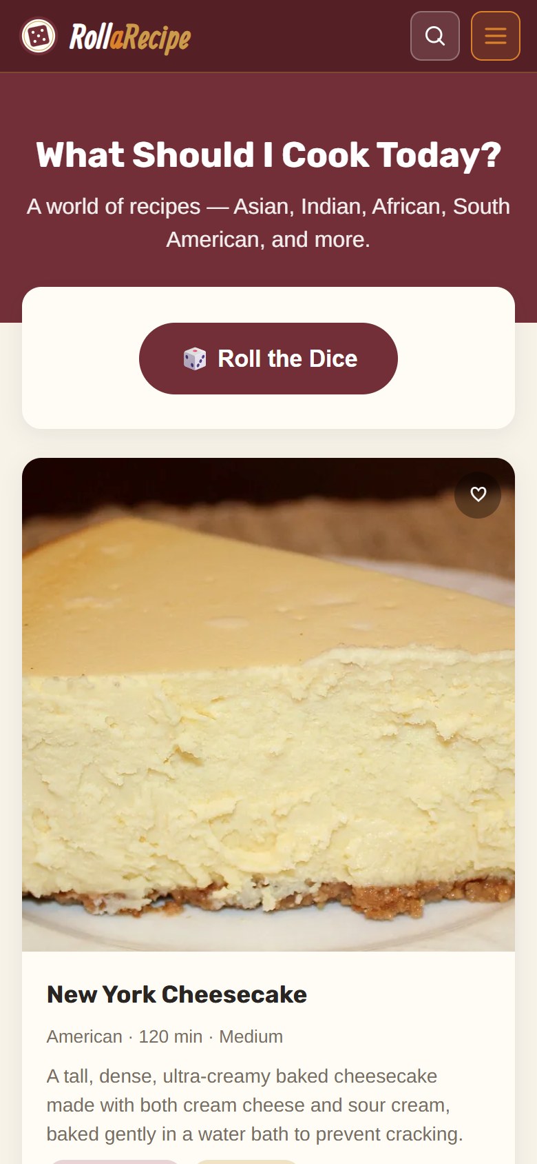 RollaRecipe mobile homepage with recipe discovery