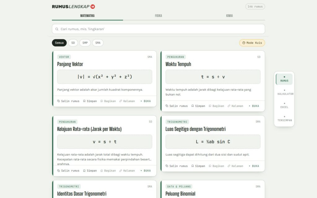 RumusLengkap.ID homepage showing searchable mathematics formula cards