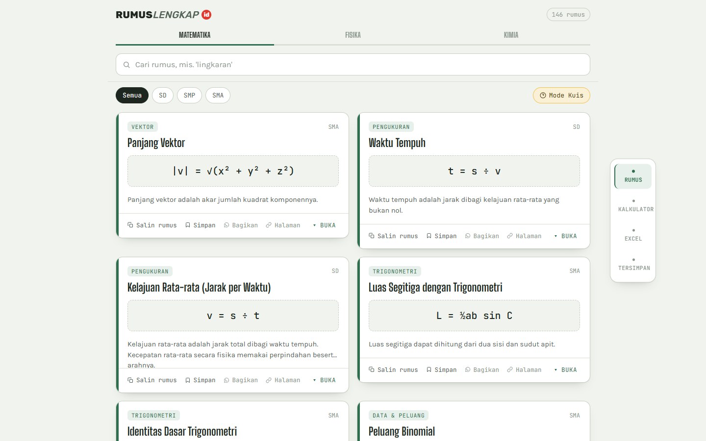 RumusLengkap.ID homepage showing searchable mathematics formula cards