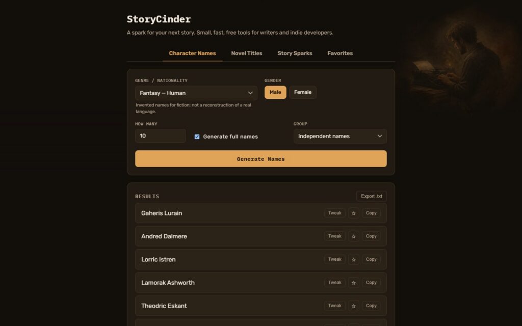 StoryCinder character-name generator with options and generated results