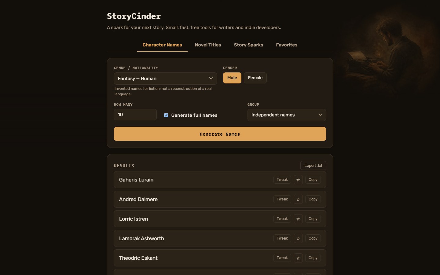 StoryCinder character-name generator with options and generated results