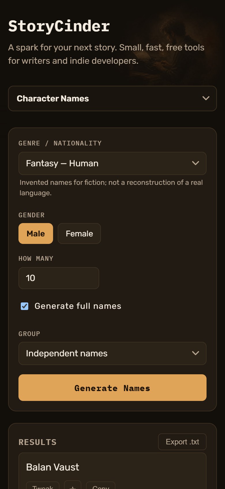 StoryCinder mobile character name generator